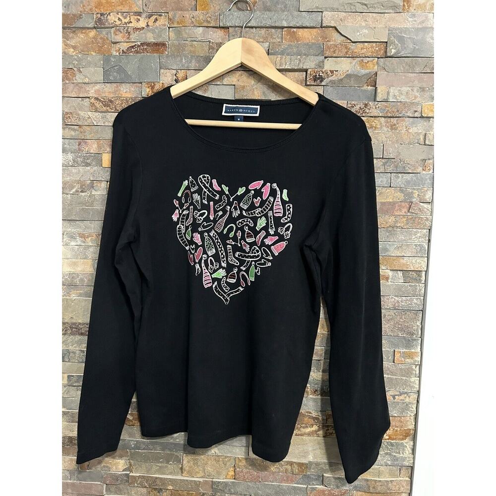 Karen Scott Christmas Holiday Shirt Black Medium - Heart With Hats and Mittens